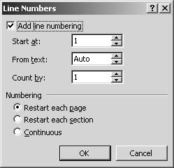 figure 21-4. in the line numbers dialog box, you can elect to add line numbering for a section or for the entire document.