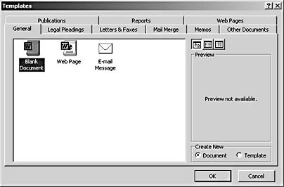 figure 22-1. the templates dialog box provides easy access to built-in word templates as well as custom templates.