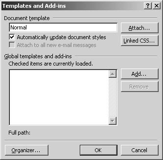 figure 22-6. the templates and add-ins dialog box helps you attach a different template to a document, automatically update styles, and control global templates and add-ins.