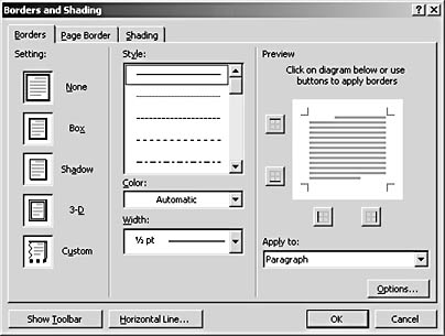 figure 24-2. use the options in the borders and shading dialog box to select the border type and line style, color, and width you want.