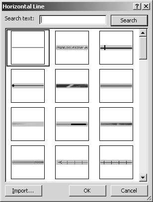 figure 24-8. the horizontal line dialog box displays the predesigned graphical lines you can insert in your document.