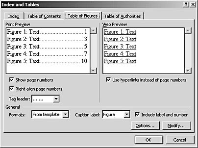 figure 26-9. the preview boxes in the index and tables dialog box show the default selections.