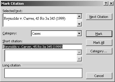 figure 26-10. use the mark citation dialog box to include citations in your table of authorities.