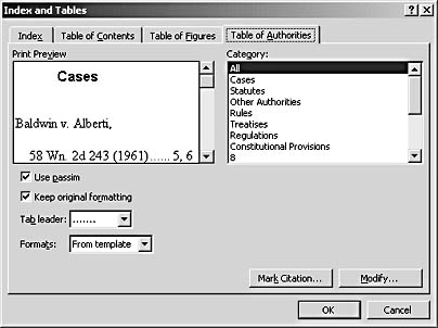 figure 26-11. the table of authorities tab includes everything you need for entering and formatting the table.