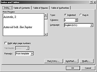 figure 27-3. the index tab includes the options and commands you need to create the index.