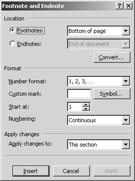 figure 28-2. enter footnote and endnote format choices in the footnote and endnote dialog box.