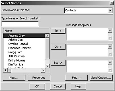 figure 30-5. the select names dialog box enables you to specify e-mail addresses for the to, cc, and bcc boxes all at once.
