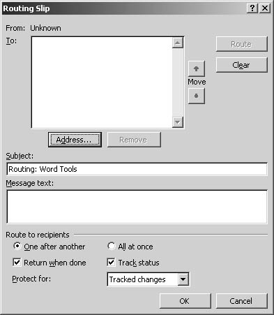 figure 30-9. you can use the routing slip dialog box to create an online routing slip for a word document.