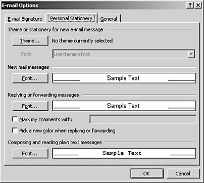 figure 30-11. the personal stationery tab provides a number of format settings for e-mail messages, including the theme button, which you can use to access the theme or stationery dialog box.