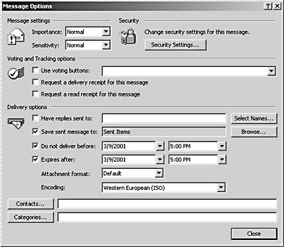figure 30-13. click the options button in the e-mail pane to access the message options dialog box.