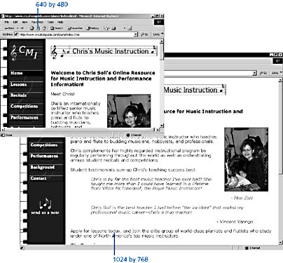 figure 31-2. as a designer, you usually need to consider how your web page will appear in a variety of circumstances. this figure shows the web page example from figure 31-1 with the monitor set to 640 by 480 and 1024 by 768 pixels instead of 800 by 600.
