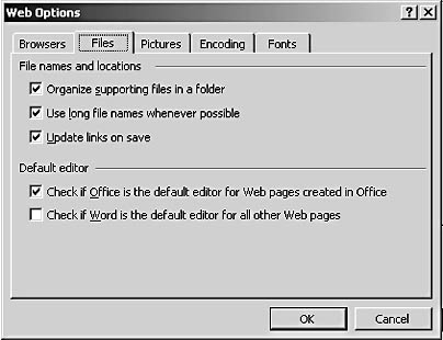 figure 31-4. the files tab helps control how word organizes a web page's files, and lets you specify whether you want word to automatically check which program is registered as the default editor.