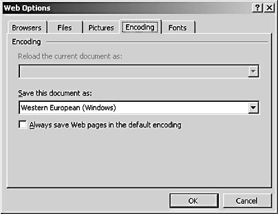 figure 31-6. you can specify language encoding for documents that are currently displayed, for documents that are about to be saved, or for current and future web pages you open in word.