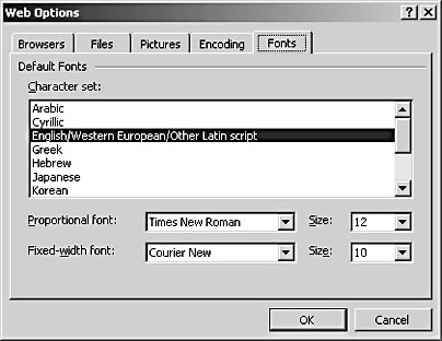 figure 31-7. the fonts tab enables you to set default font styles that will come into play when a web page doesn't specifically assign a font style or size to text.