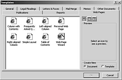 figure 31-8. by default, word includes seven web page templates that contain preformatted page layouts and placeholder text.
