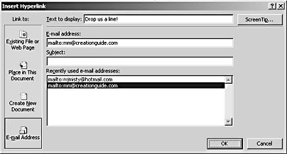 figure 31-15. when you create an e-mail hyperlink, you can specify the to line e-mail address, screentip information, and a subject line for the e-mail message.