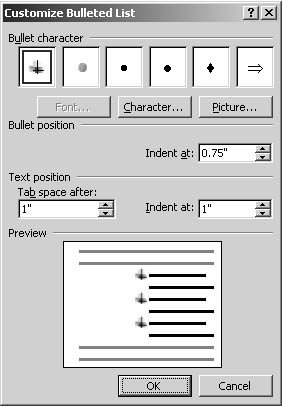 figure 31-19. you can modify the layout of a bulleted list by configuring the customize bulleted list dialog box.
