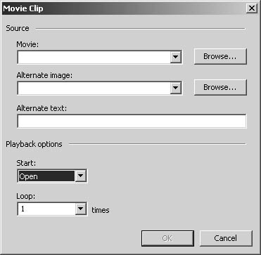 figure 31-20. you use the movie clip dialog box to insert a movie in your web page.