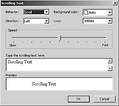 figure 31-22. you use the scrolling text dialog box to include scrolling text in your web page.