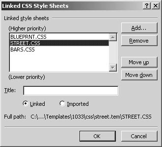 figure 31-23. you can use the linked css style sheets dialog box to attach, detach, and prioritize cascading style sheets.