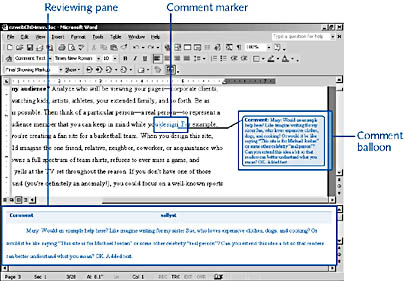 figure 33-3. in word 2002, you can display color-coded comments in comment balloons or in the reviewing pane.