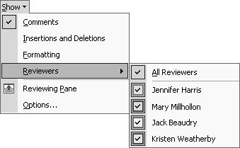 figure 33-6. you can use the reviewers submenu to quickly see the colors currently assigned to reviewers and to control whose comments and changes are displayed in the current document.