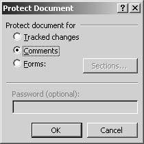 figure 33-7. the protect document dialog box enables you to limit reviewers' actions and lets you assign a password that reviewers must enter before they can make changes to the document.