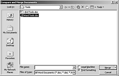 figure 33-15. the compare and merge documents dialog box looks similar to the open dialog box, but it provides a couple of special merge-specific commands in the lower-right corner.