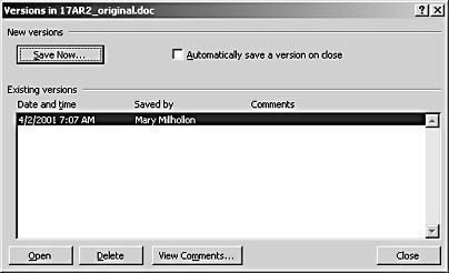 figure 33-18. the versions dialog box enables you to manually save a version of a document as well as access stored versions.