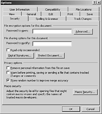 figure 34-1. the security tab in the options dialog box provides a number of security-related settings.