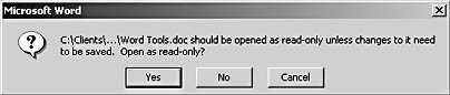 figure 34-4. when the read-only recommended check box is selected, users can click yes to open a read-only version, click no to open the document normally, or click cancel to bypass opening the document altogether. 
