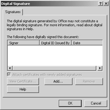figure 34-8. the digital signature dialog box lists the digital certificates attached to the current document and enables you to view, add, and remove certificates.