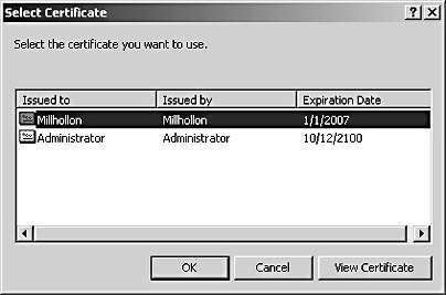 figure 34-9. the select certificate dialog box lists the certificates you can use to digitally sign a file. 