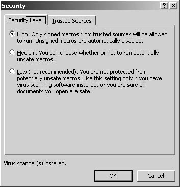figure 34-11. the security level tab in the security dialog box enables you to specify how word should react when you open a document that contains macros. 