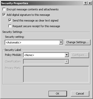 figure 34-13. the security properties dialog box enables you to control security settings when you send e-mail messages from within word. 