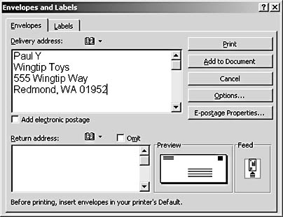 figure 35-16. the envelopes and labels dialog box enables you to create and print individual envelopes and labels
