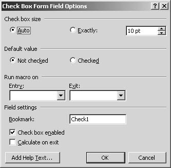 figure 36-12. the check box form field options dialog box enables you to make choices about the way your check box field will look and act.