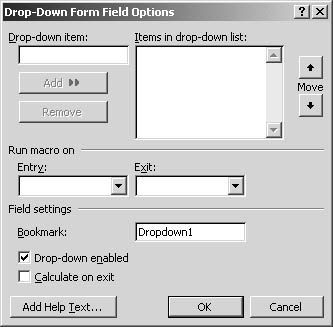 figure 36-13. the drop-down form field options dialog box is where you'll enter the items for the drop-down list.