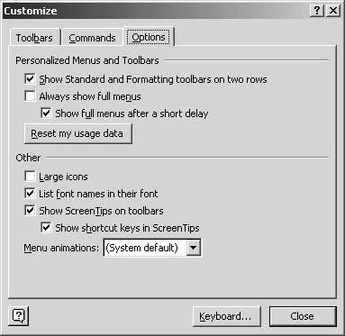 figure 38-3. you can display or hide screentips on the options tab of the customize dialog box.