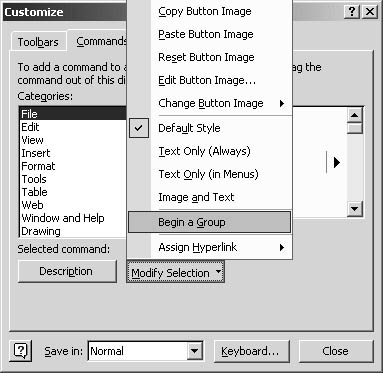 figure 38-7. you can add a divider line to your custom toolbar to help organize your choices.