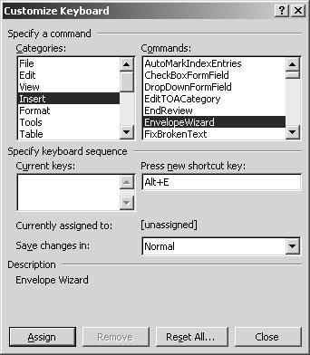 figure 38-8. in the customize keyboard dialog box, you can choose a shortcut key for often-used commands.