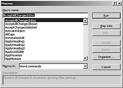 figure 40-1. using the macros dialog box, you can display and run word's built-in commands.