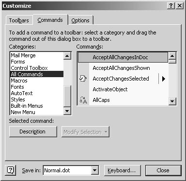 figure 40-2. the commands tab shows all the available commands when you click all commands in the categories list.