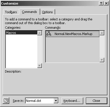 figure 40-5. you can add a macro toolbar button or menu command by dragging the macro from the customize dialog box onto a toolbar or menu.