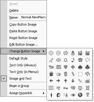 figure 40-6. after you drag your macro to a toolbar or menu, you can customize its appearance by right-clicking it and choosing options on the shortcut menu.