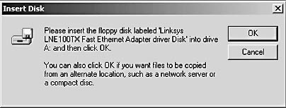 figure d-6. the insert disk dialog box instructs you to insert your nic's floppy disk so the nic driver can be installed.