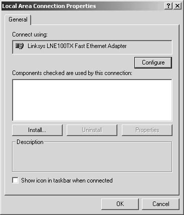 figure d-8. this local area connection properties dialog box shows that no networking components are currently installed.