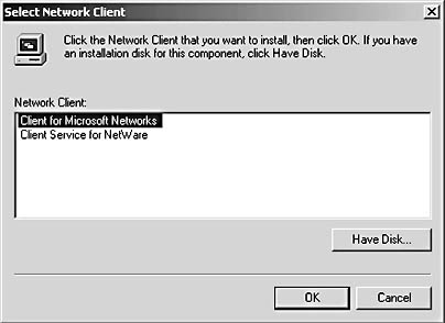 figure d-10. choose the type of network client you want to install in the select network client dialog box.
