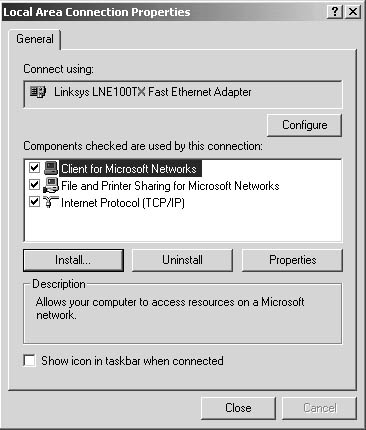 figure d-13. this local area connection properties dialog box shows that a client, service, and protocol are installed.