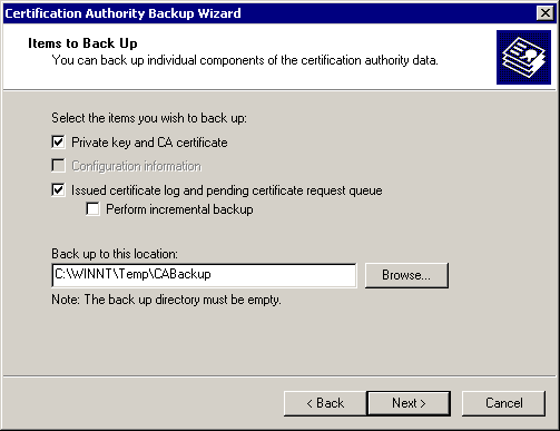 figure 5-16 backing up items using the certification authority backup wizard